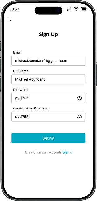 Sign Up Filled Screen